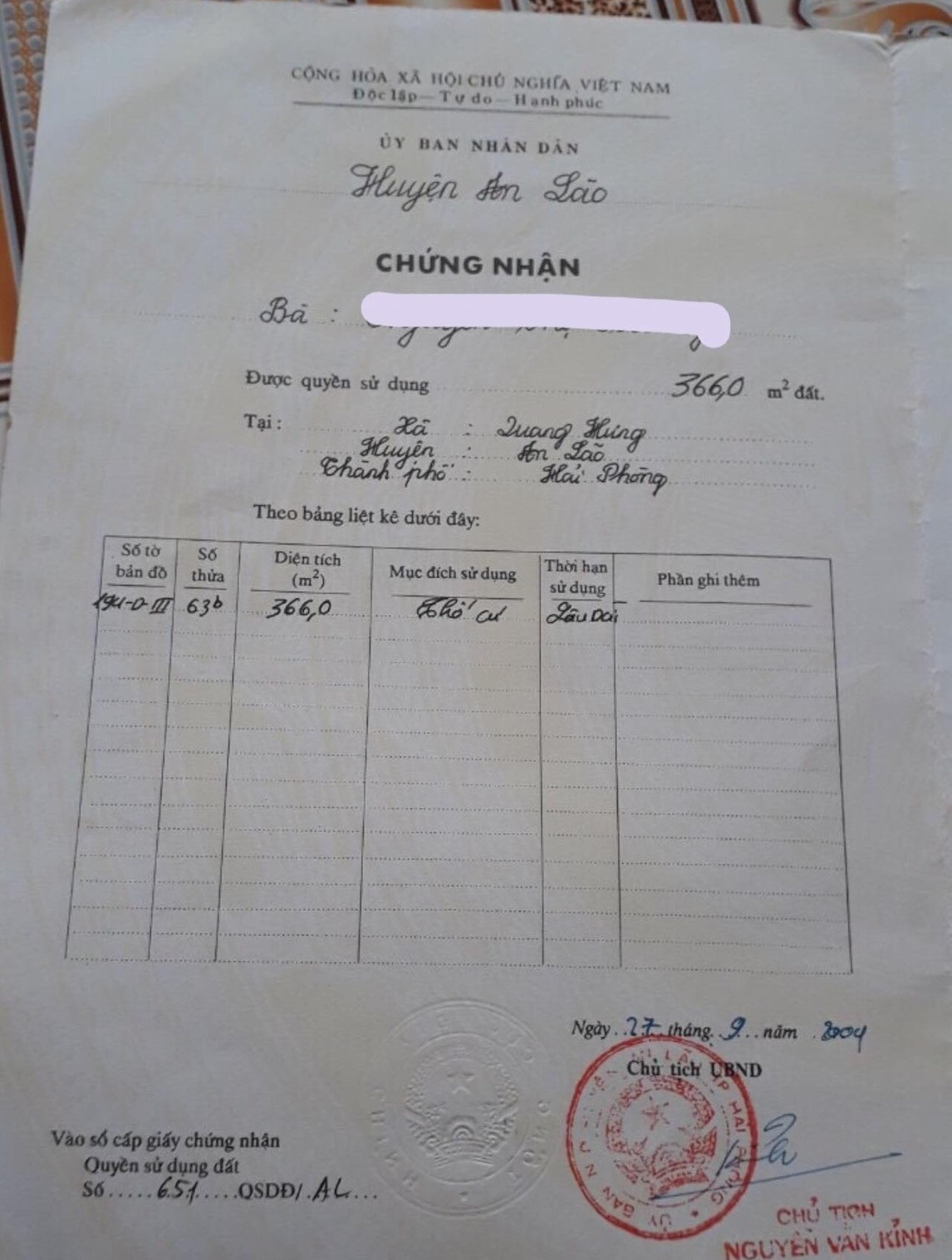 Cần bán gấp lô đất 366m2 Thổ cư mặt đường 304-  Quang Hưng (An Lão)
